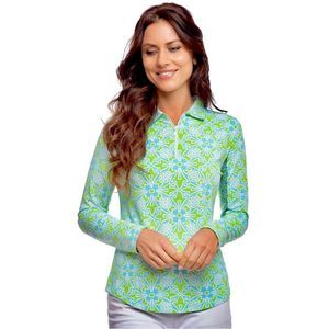 IBKUL Top Moroccan Tile Polo Size S XL Turq Lime Long Sleeve